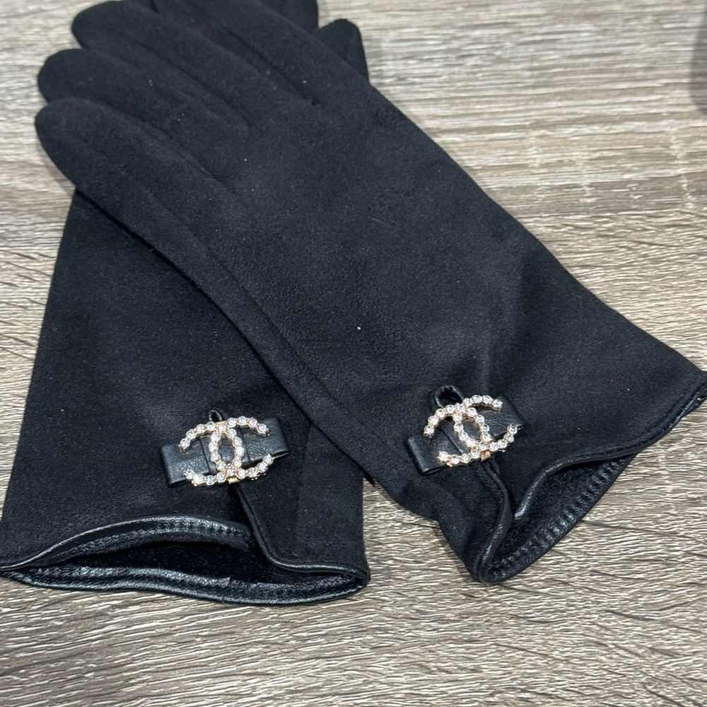 Black Women's Dress Gloves with Rhinestone Double-C Accent